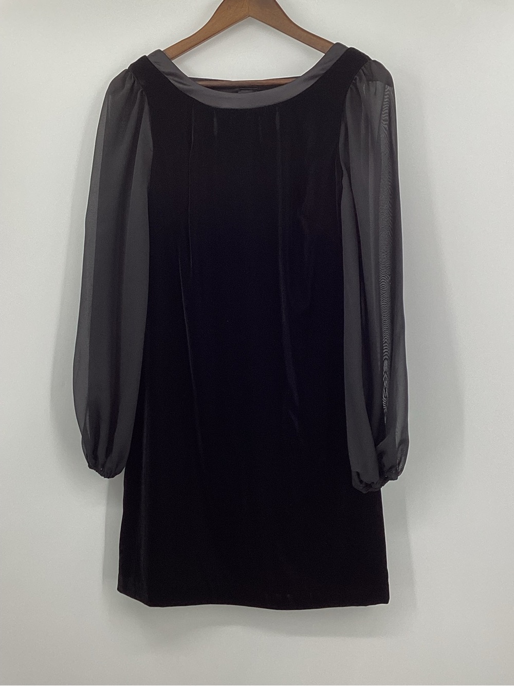 White House Black Market Black Velvet Dress with Sheer Long Sleeves